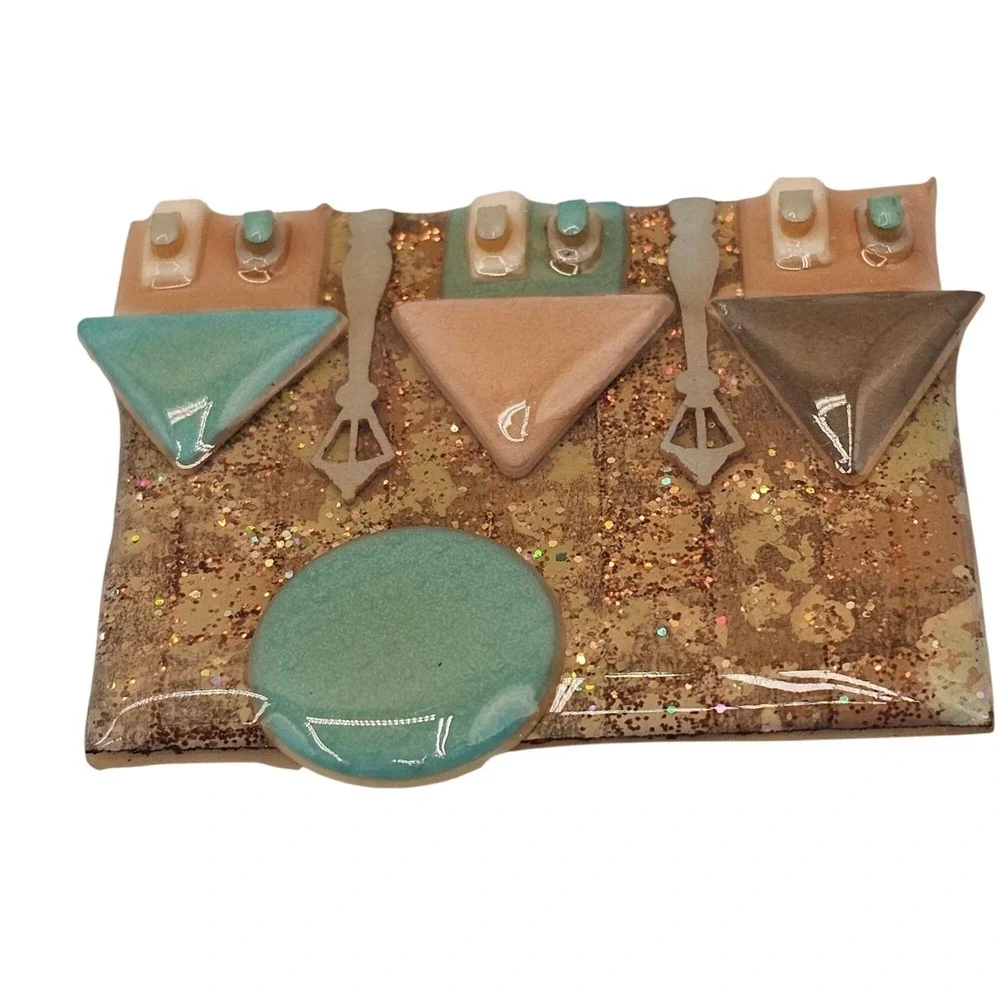 House Pins by Lucinda Brooch‎ Vintage Brown Teal Village Moon Glitter Art Pin